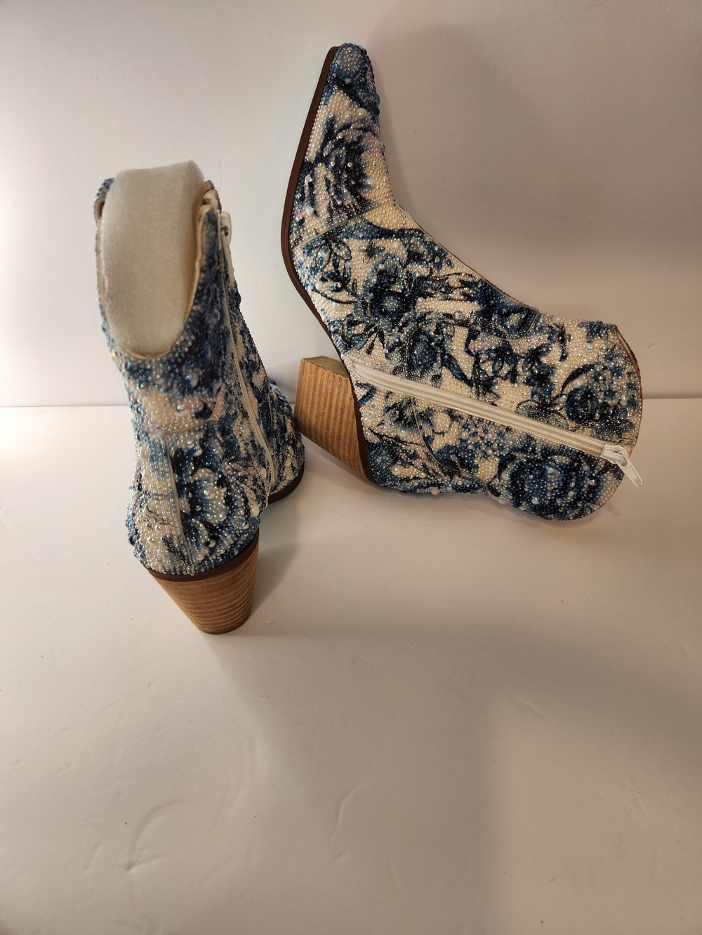 Betsey Johnson White and Blue Beaded Western Ankle Boots - Picture 6 of 13